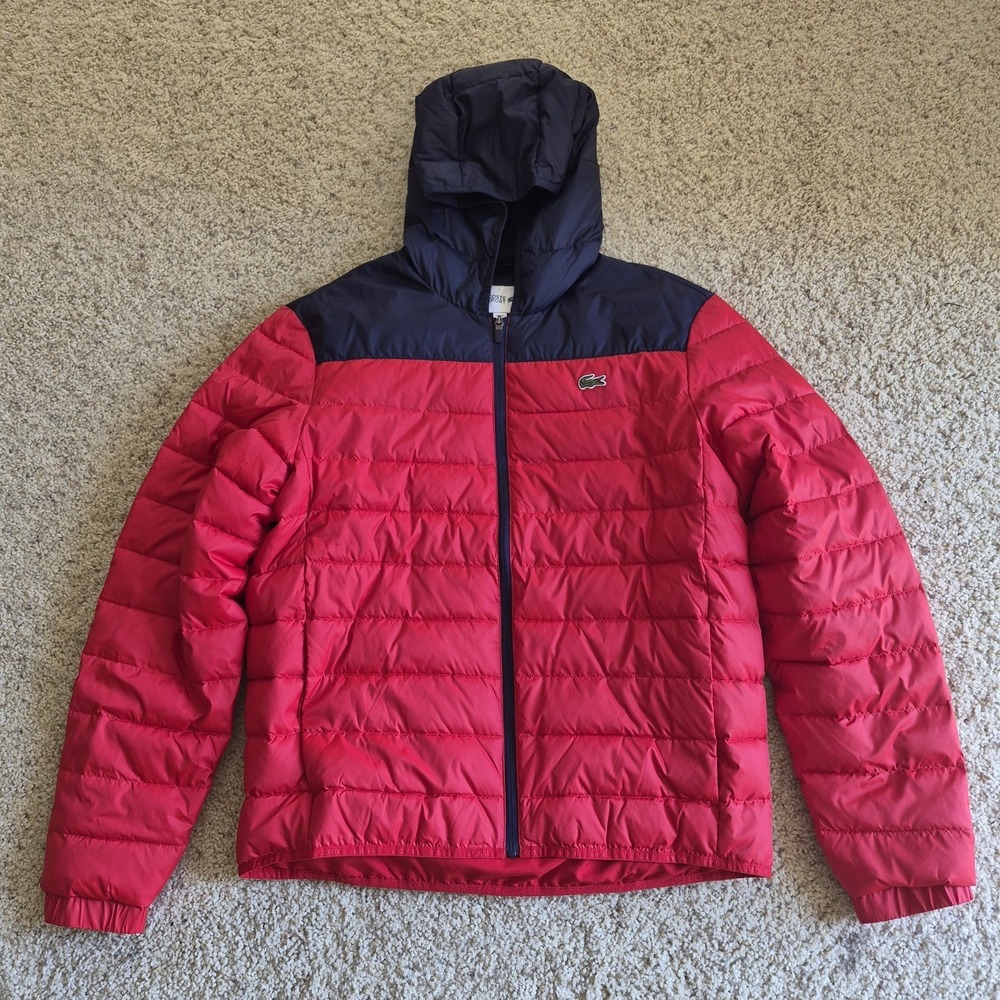 Lacoste Sport Water-Repellent Quilted Hooded Jacket Men's Large Red Blue Puffer
